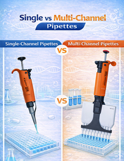 Comparison of manual single-channel and multi-channel pipettes used for PCR and ELISA microplate preparation.
